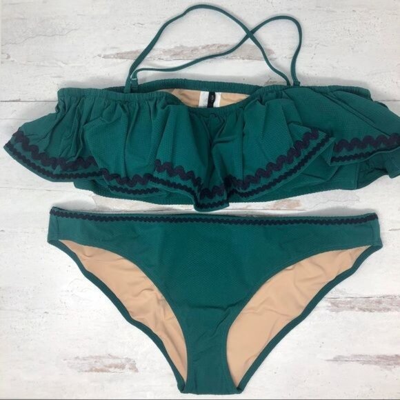 J. Crew Bandeau Ruffle Lowrider Bikini w/ Rickrack, Spicy Jade Size XL NWT - Picture 9 of 10